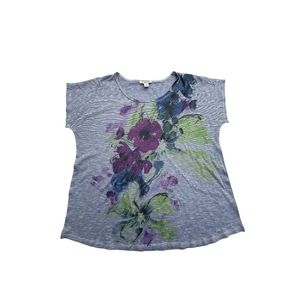 Coldwater Creek Womens 1X Blue Floral Print Short Sleeve Top 100% Polyester